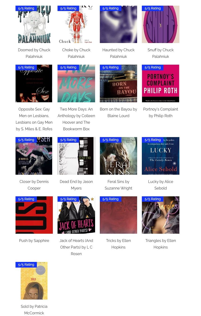 Image of the books on ratedbooks.org which have earned a 5/5 rating for "aberrant/deviant content."