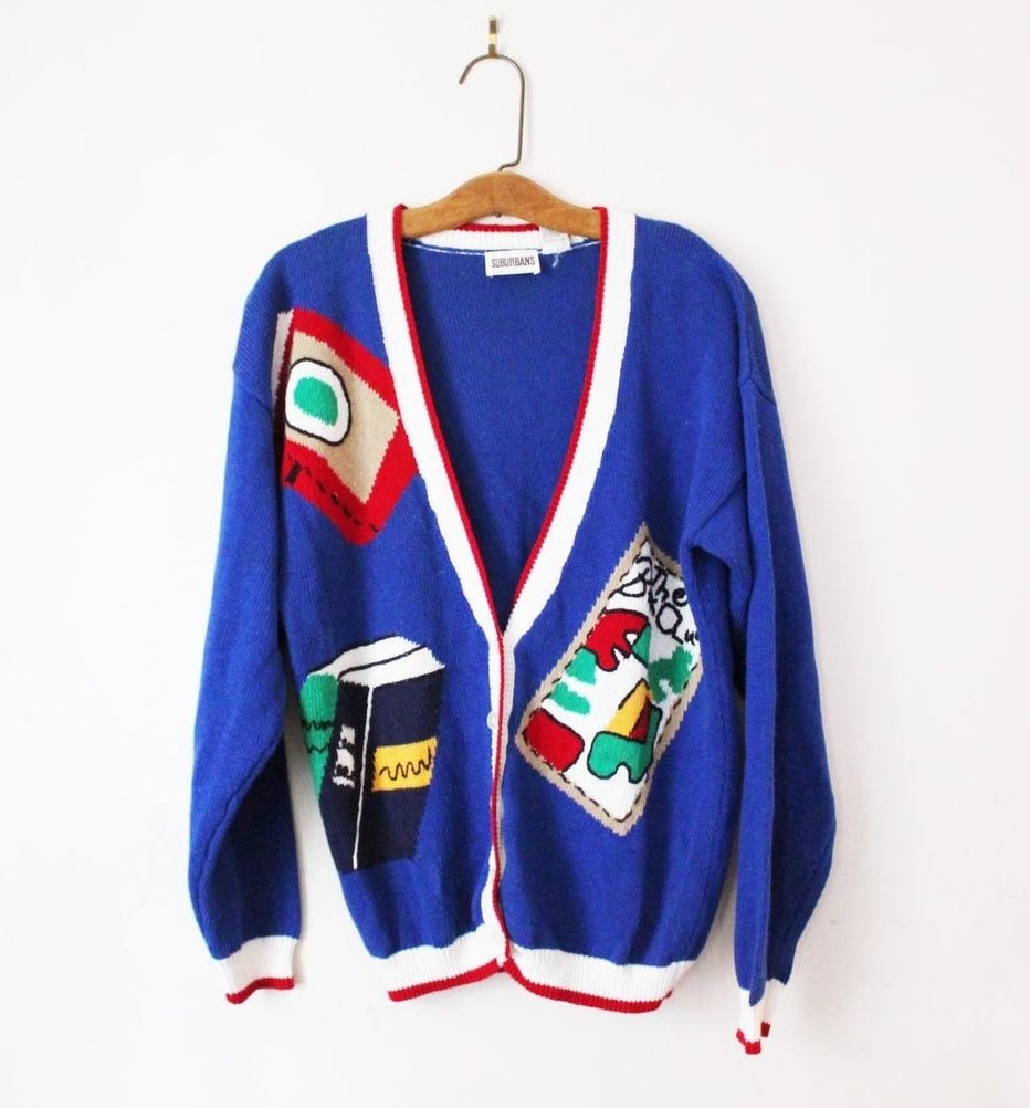 an 80s book print cardigan