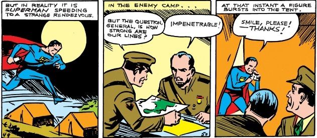 Superman leaps over some tents where two military men study a map. Superman bursts into the tent and takes a picture of them.