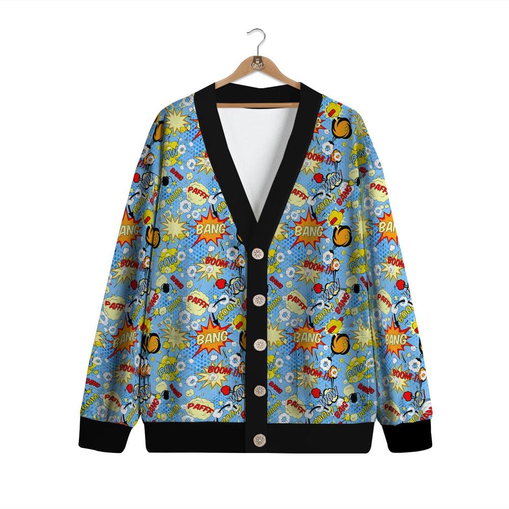 cardigan with comic book speech bubbles and sound effects