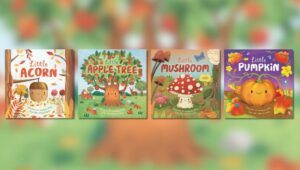Book Covers of Igloo September Bundle from their Nature Stories series (Little Mushroom by IglooBooks and Willow Green and illustrated by Gisela Bohórquez and Gina Maldonado, Little Acorn by IglooBooks, Little Apple Tree and Little Pumpkin by IglooBooks and illustrated by Gisela Bohórquez)