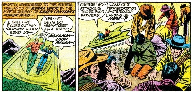 Aquaman, Green Lantern, and Black Canary arrive in Sierra Verde to find a group of guerillas attacking some farmers.