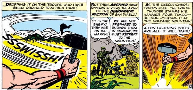 An army approaches Thor, who uses his hammer to summon lightning against them.