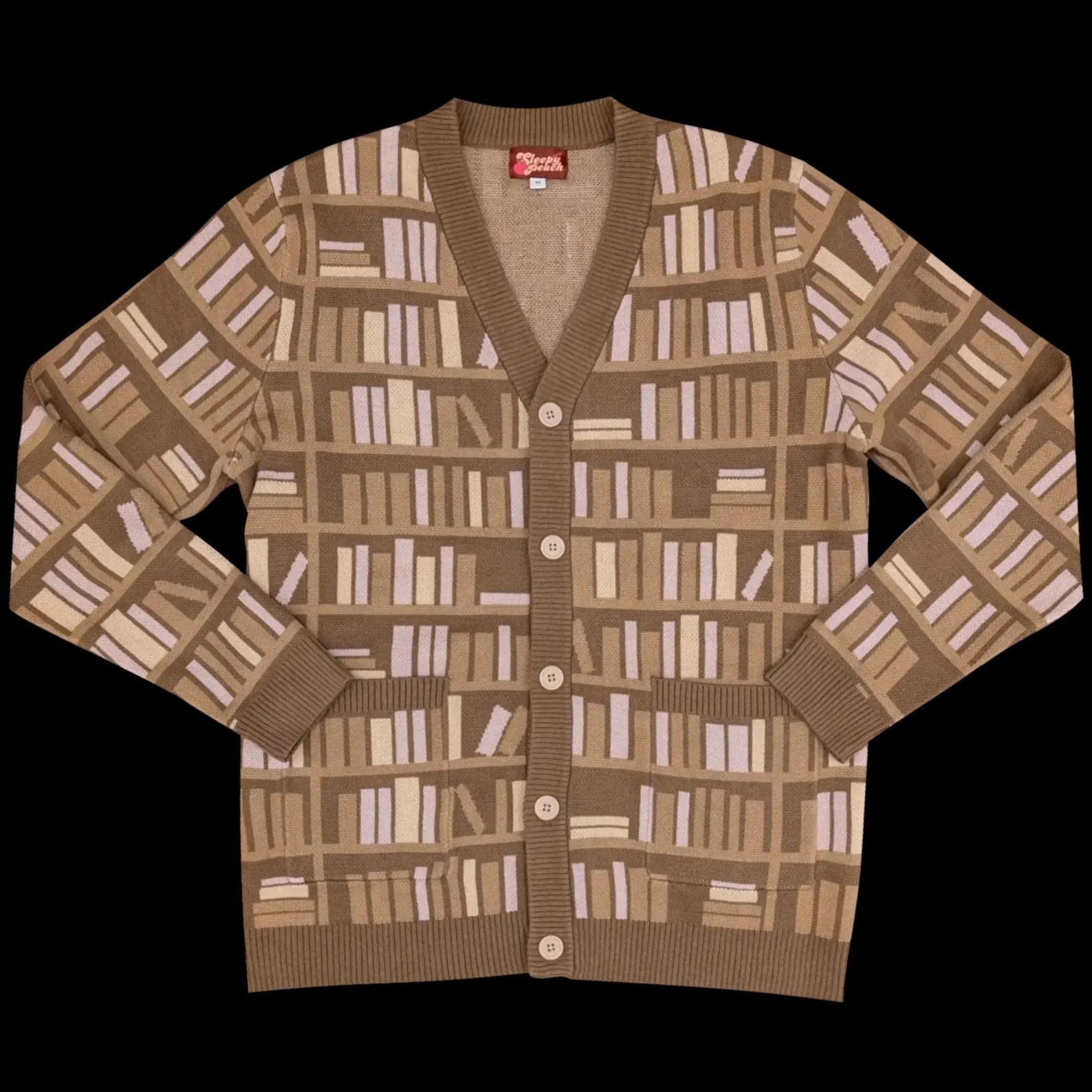 a brown cardigan with a bookshelves design