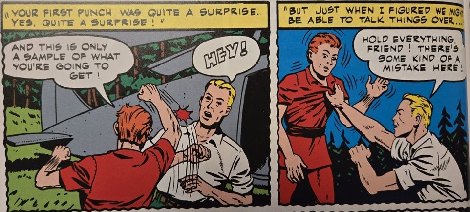 Roy takes a swing at a surprised Ollie, who grabs his shirt and tells him he's made a mistake.