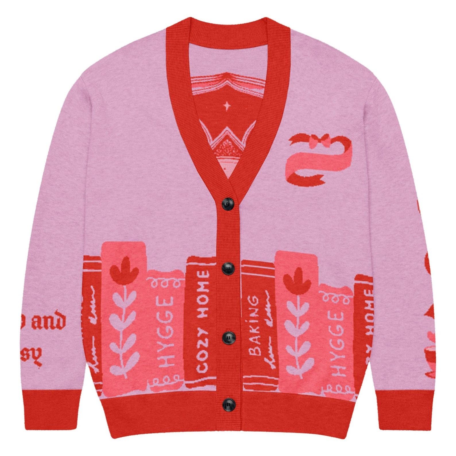 a pink cardigan with a row of books at the bottom