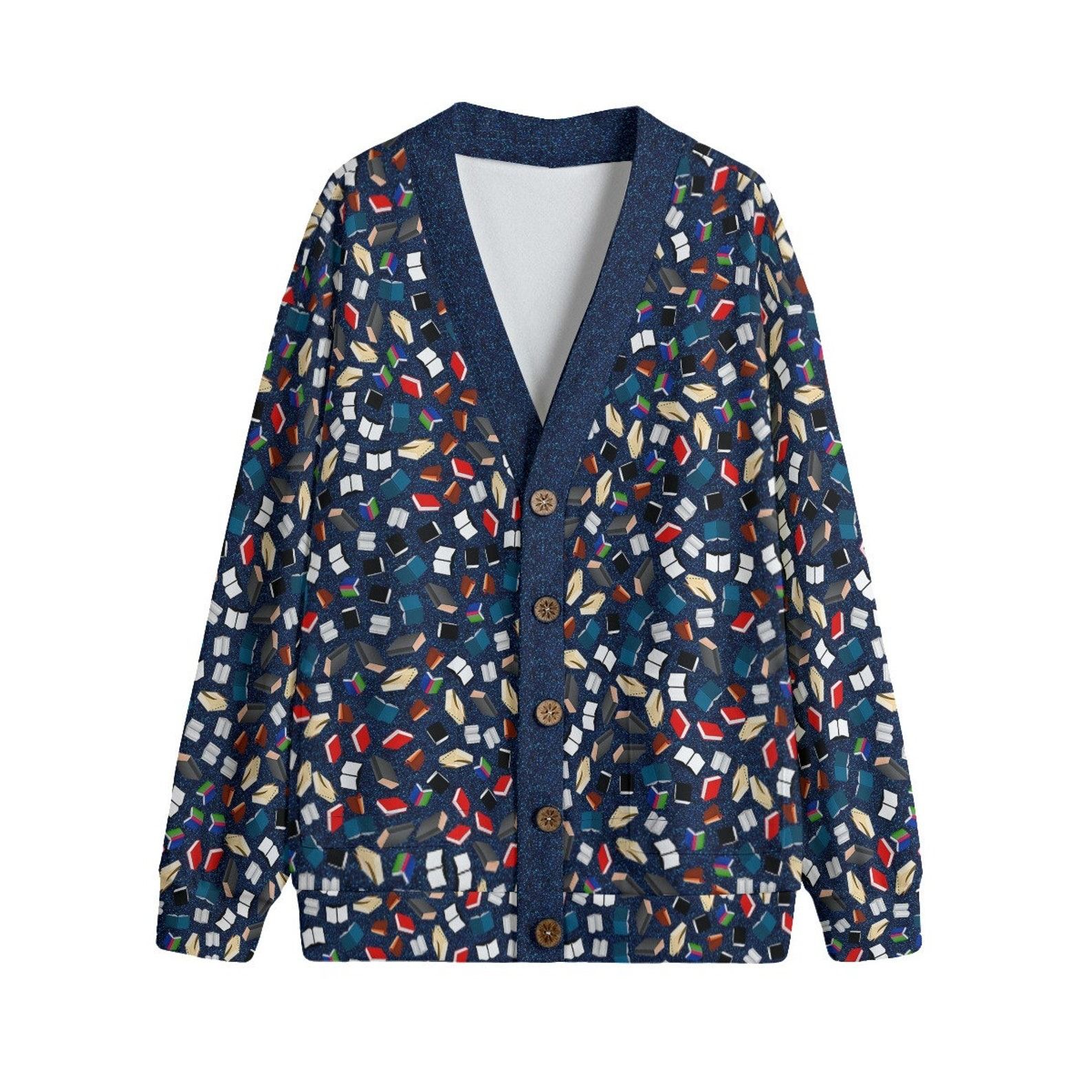 blue cardigan with a book print