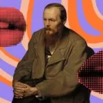 a portrait of Fyodor Dostoyevksky with a colorful background and mouth collage images