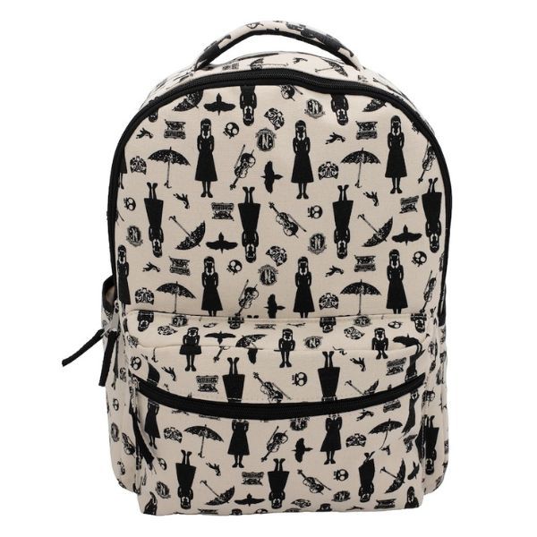 a beige and black print backpack. The design contains images of Wednesday Addams, ravens, umbrellas, and other themed elements from the Netflix show