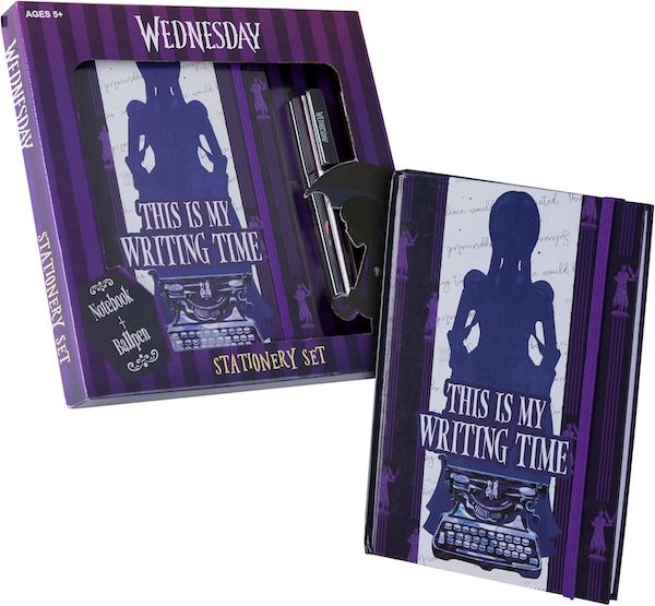 a Wedesday-themed stationery set in a purple and black striped design, plus a ballpoint pen