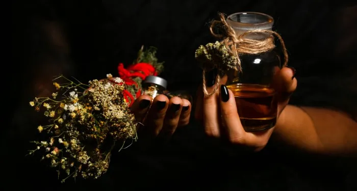 a pair of hands reaching out of the dark holding a bundle of herbs and a potion bottle