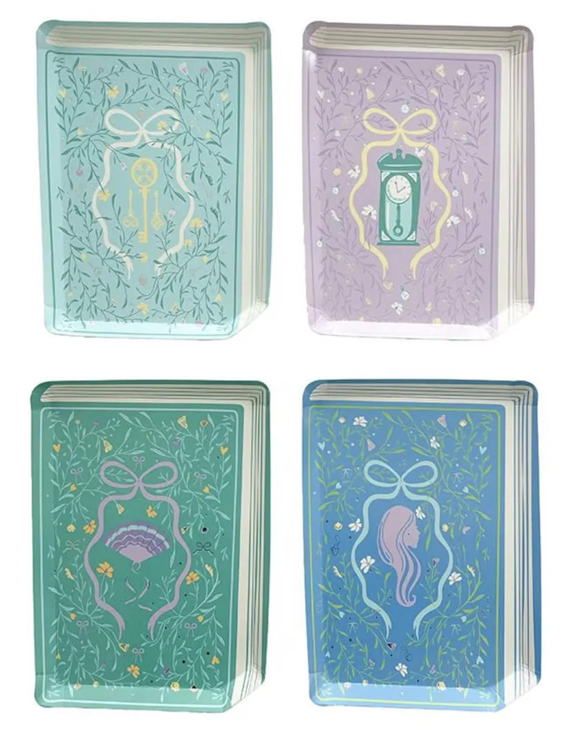 Image of four rectangular paper plates illustrated to look like classic books a la Jane Austen