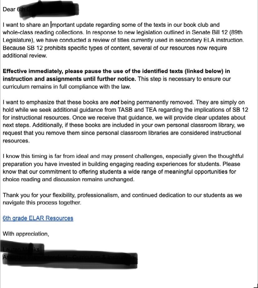 Image of the email teachers received from administrators over books to "pause" using while evaluating requirements to meet Texas's SB 12 law.