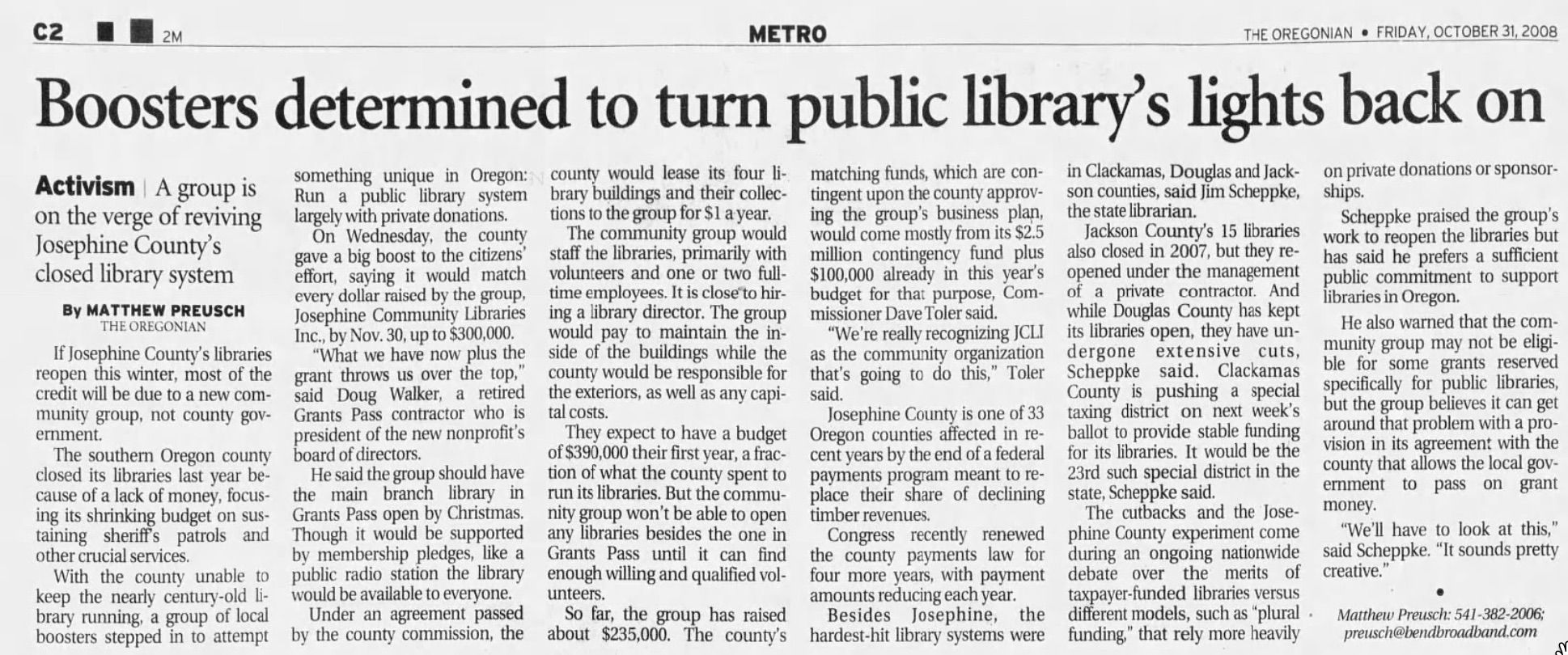 screen shot of an october 31, 2008 story from the oregonian about JCLI's attempts to reopen the library.