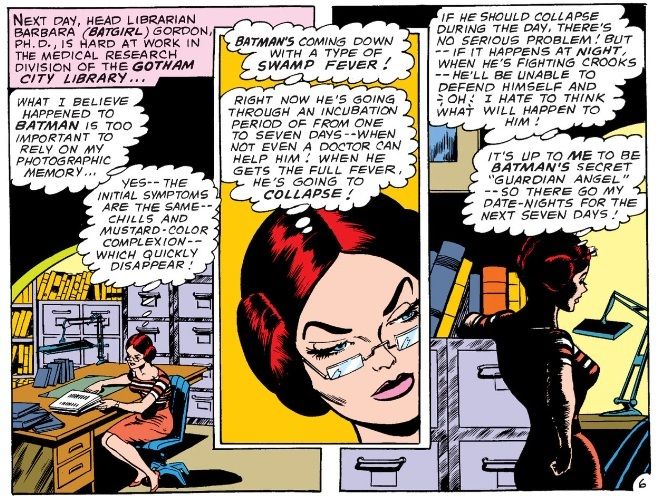 Barbara Gordon does research at the library and discovers Batman has a tropical disease that may endanger his life. She vows to keep an eye on him.