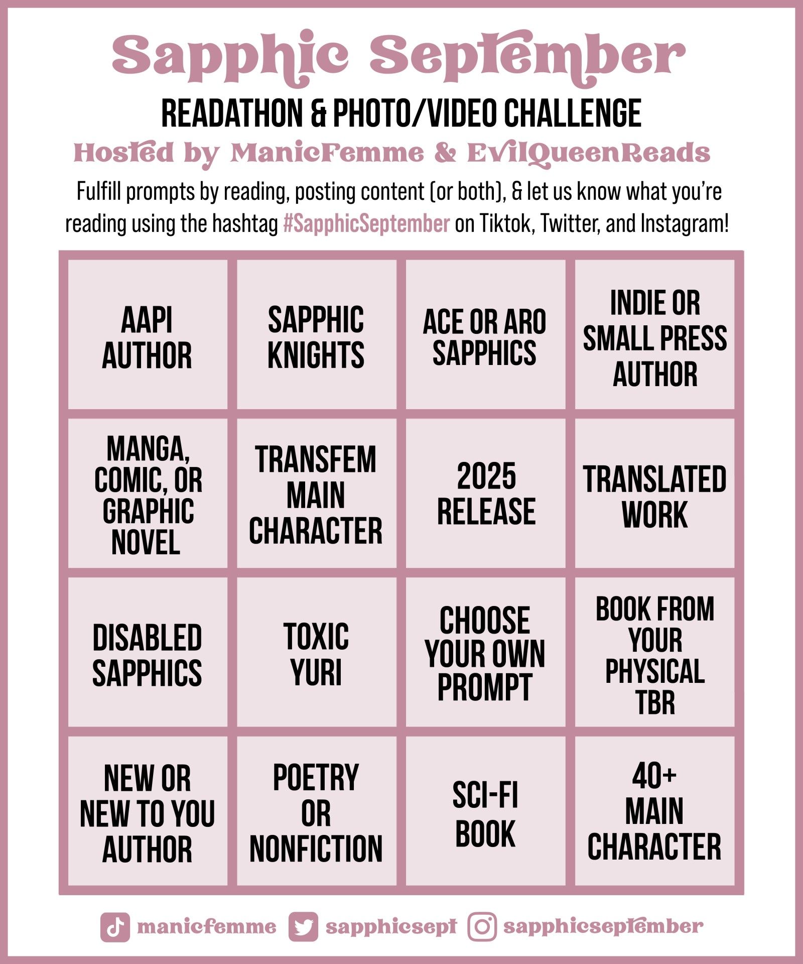 Sapphic September 2025 bingo board