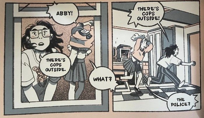 comic panel showing two teens running outside when they hear sirens in This Place Kills Me by Mariko Tamaki