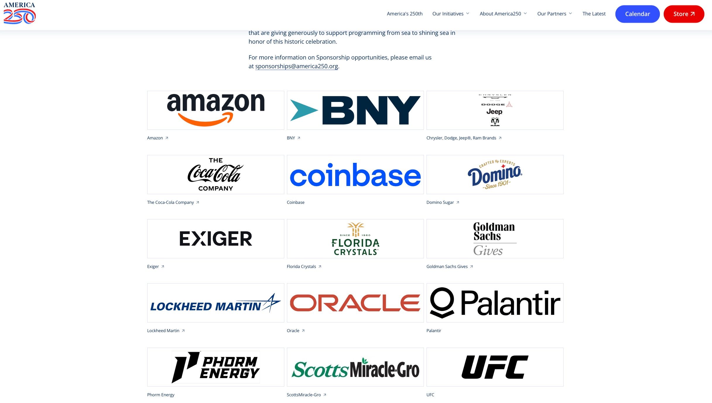 Image of the sponsors for America 250 from the America 250 website. 