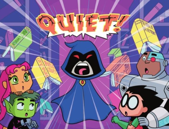 Raven screams for her teammates to be quiet as books fly all around and the Titans stare in shock.
