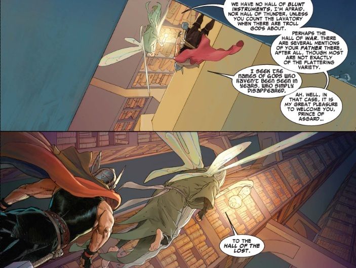 A winged library shows Thor around the library, insulting his intelligence all the while.
