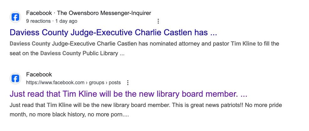 Image of two Facebook posts that come up when googling the name of the newly-appointed member of the Daviess County Library board. The second cheers that