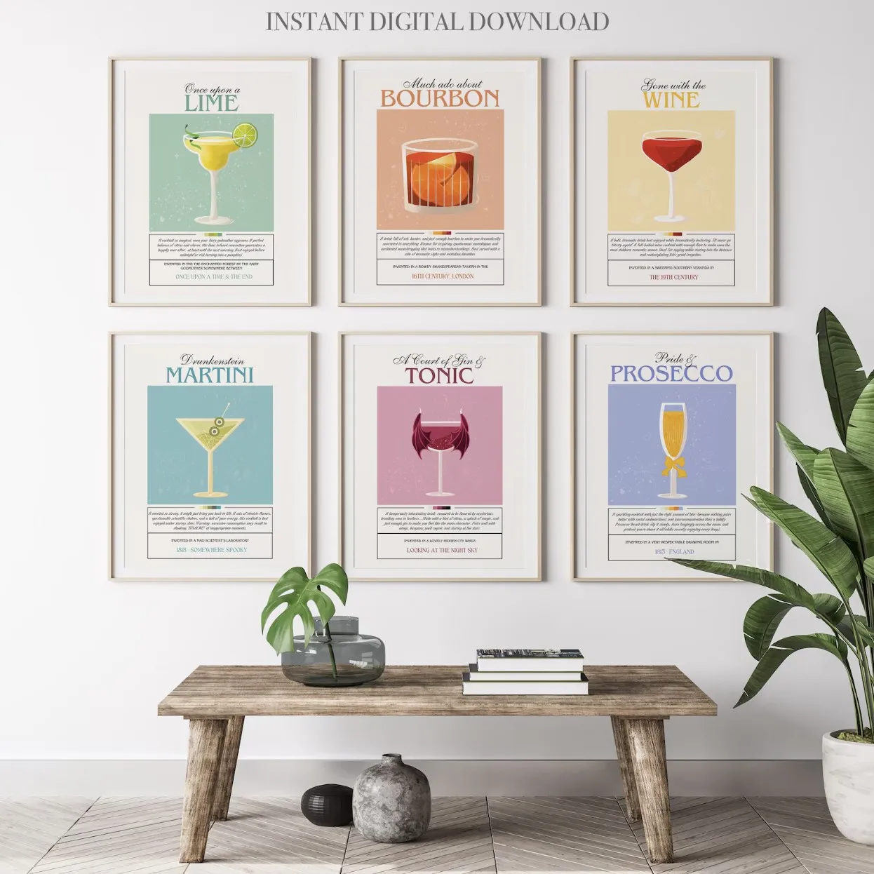 Image of six vintage-inspired art prints with different puns on book titles with drinks