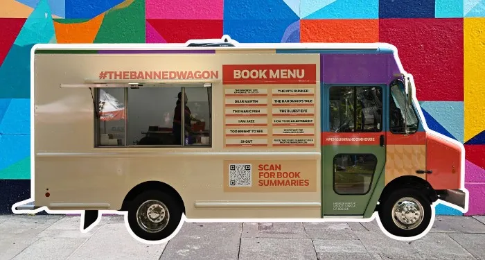 a photo of the Banned Wagon, a food truck-style truck with a "book menu"