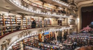 a photo of a beautiful, ornately decorated multi-level bookstore