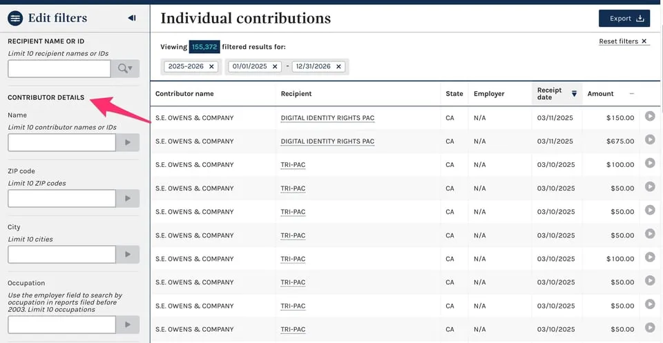 Screen shot of the FEC campaign contributions database. There is a pink arrow pointing to the part where you can look up contributor details.