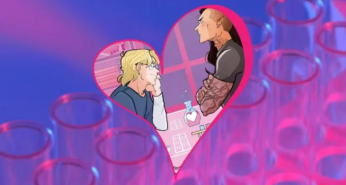 cropped cover of The Entanglement of Rival Wizards in a heart-shaped cutout against a background of test tubes in pink and purple light