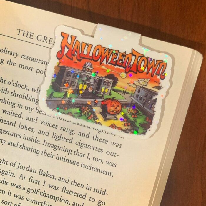 medium-sized magnetic bookmark with a cartoon image of and a title reading Halloweentown