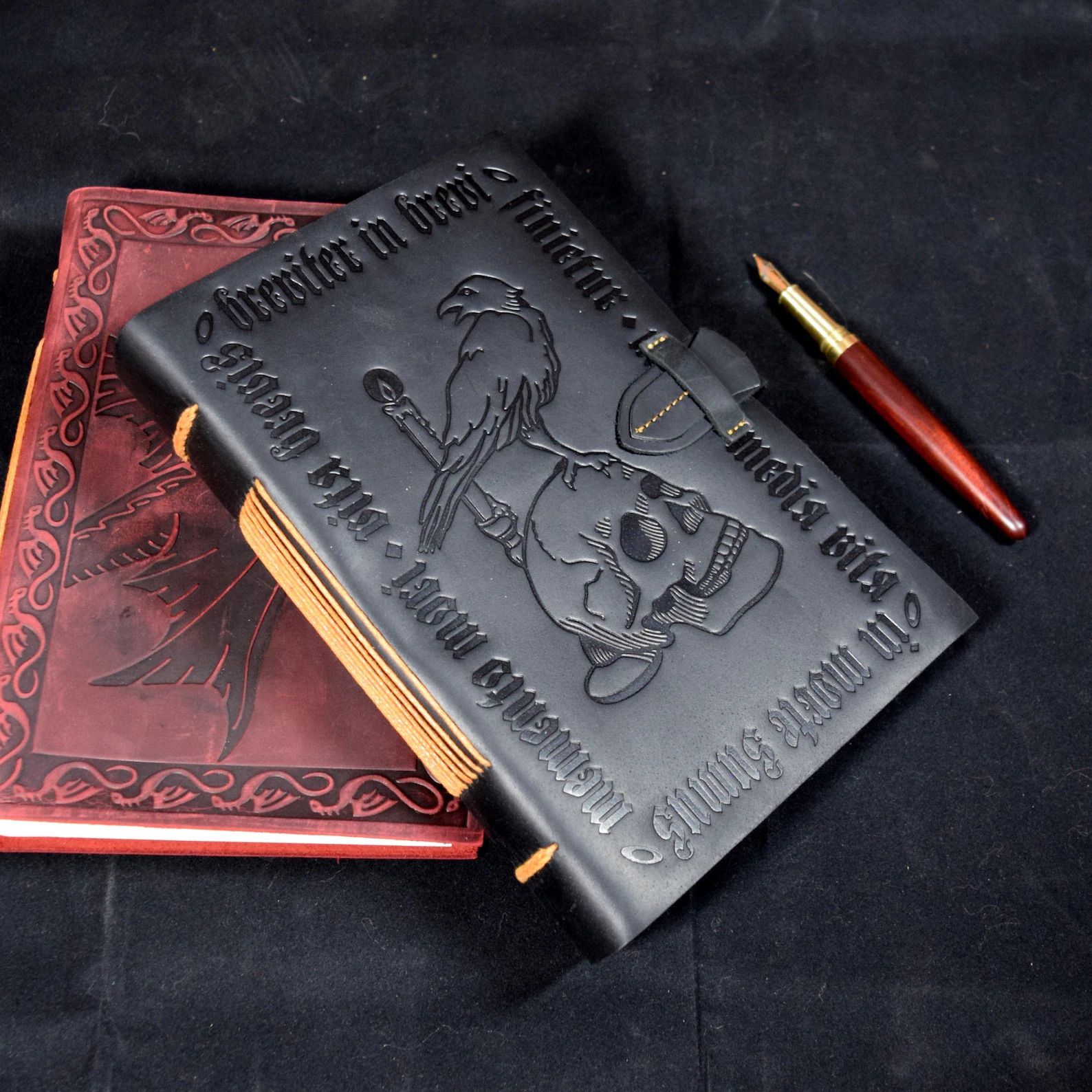 dark academia black leather raven-embossed journal