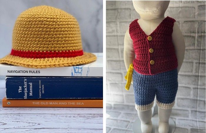 crocheted hat and costume for Luffy from One Piece