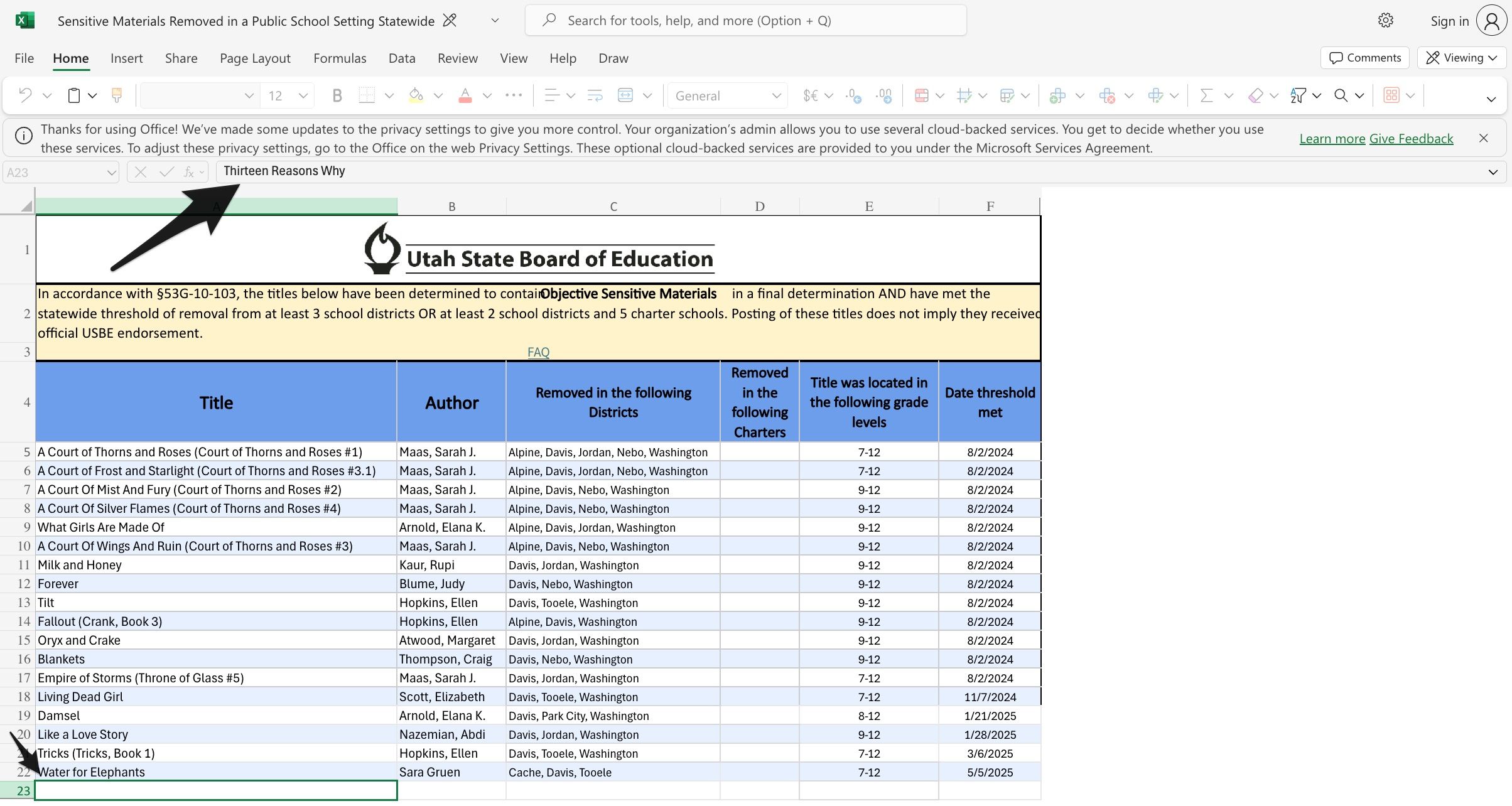Image of the Utah State Board of Education's list of "Sensitive Materials" banned at every public school in the state. Line 23 looks blank, but when clicked on, it shows the title 13 Reasons Why.