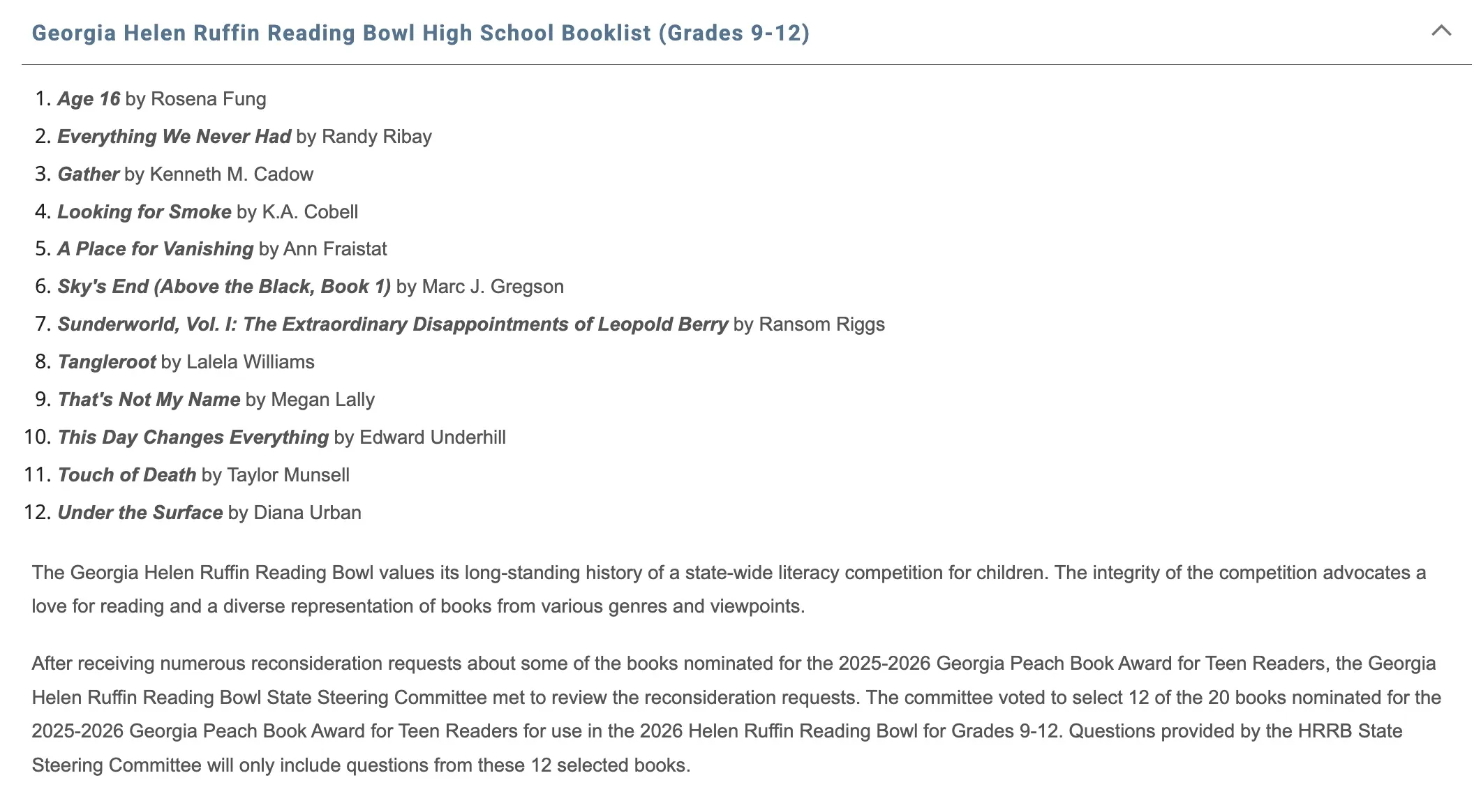 Updated list of Reading Bowl books, available via the competition's website.