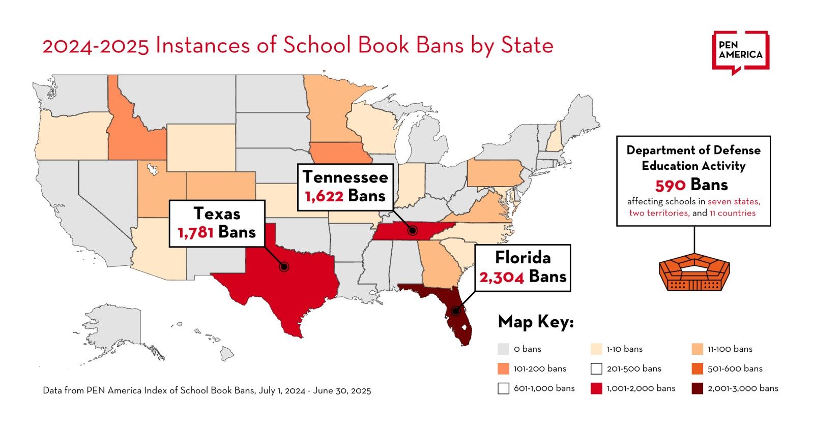 Graphic of a map of the US, with the states colored by shades of red related to how many recorded book bans happened in those states.