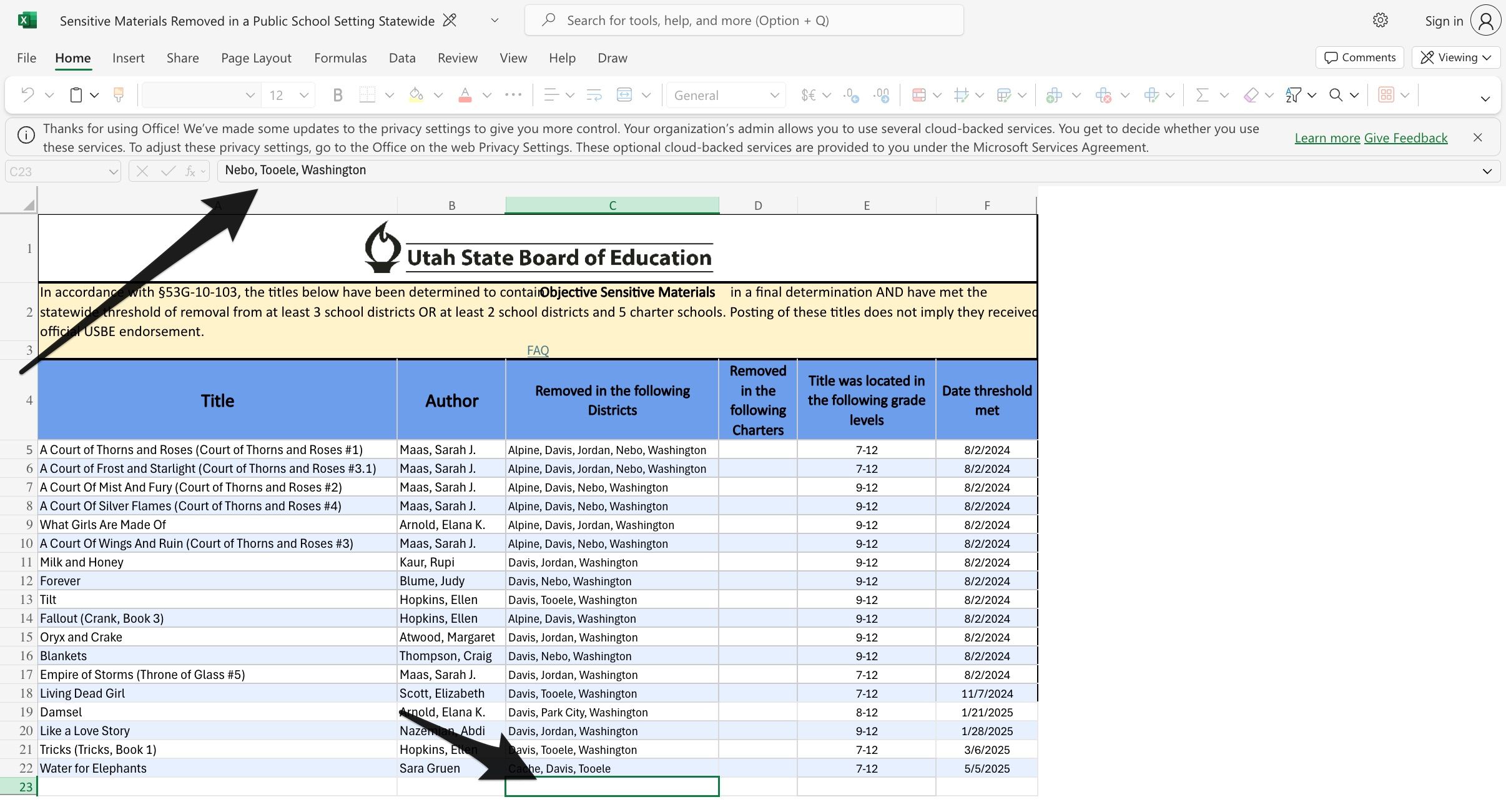 Image of the Utah State Board of Education's list of "Sensitive Materials" banned at every public school in the state. Line 23 looks blank, but when clicked on, it shows the districts the book was banned in.