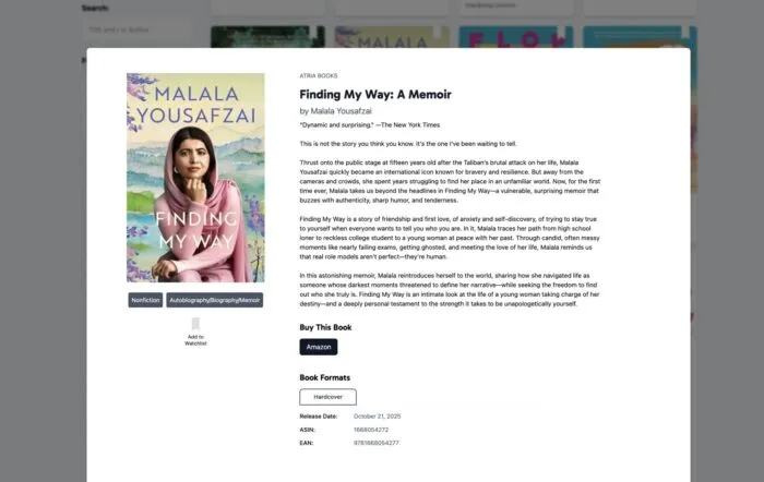 screenshot of the Description of Malala Yousafzai memoir as seen on the New Release Index