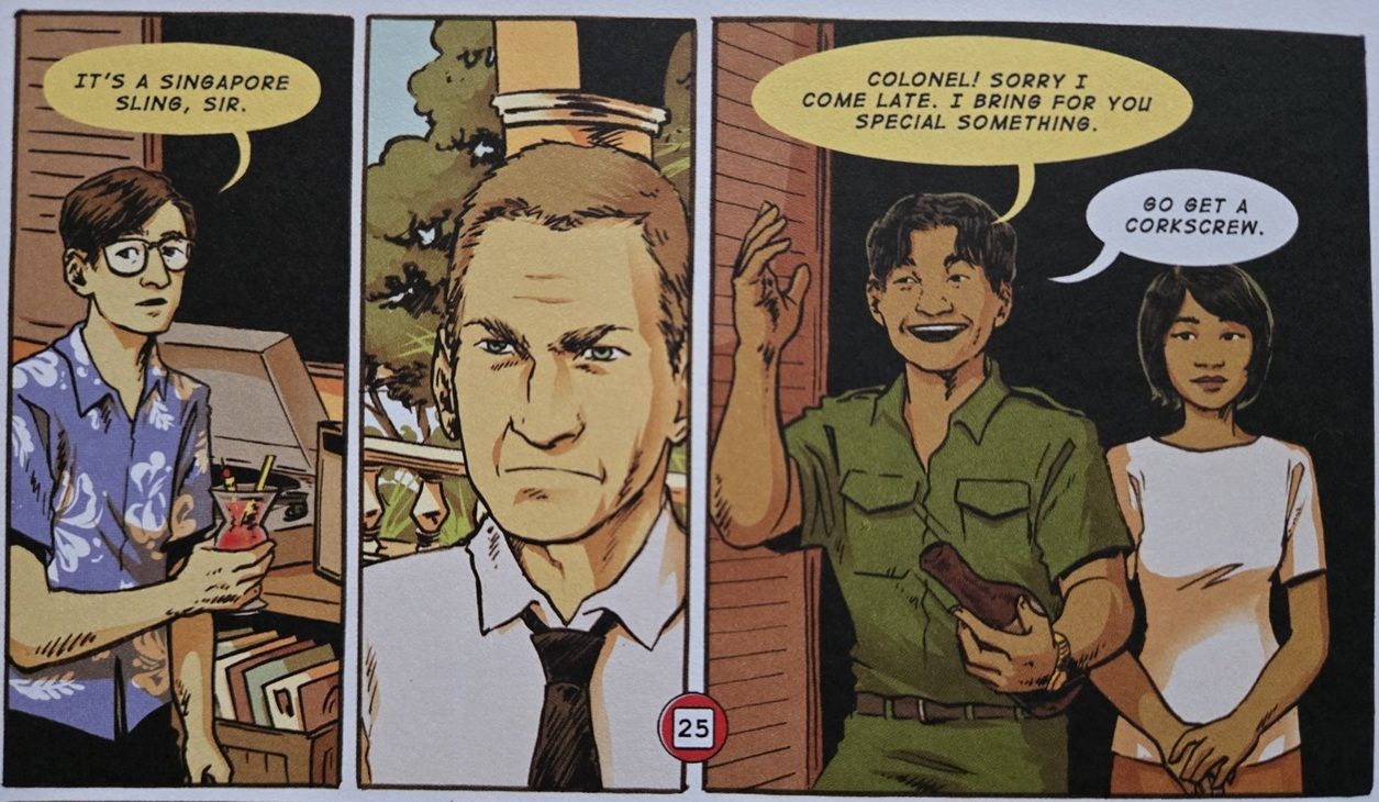 Four characters discuss alcoholic drinks in a mix of English and Khmer.