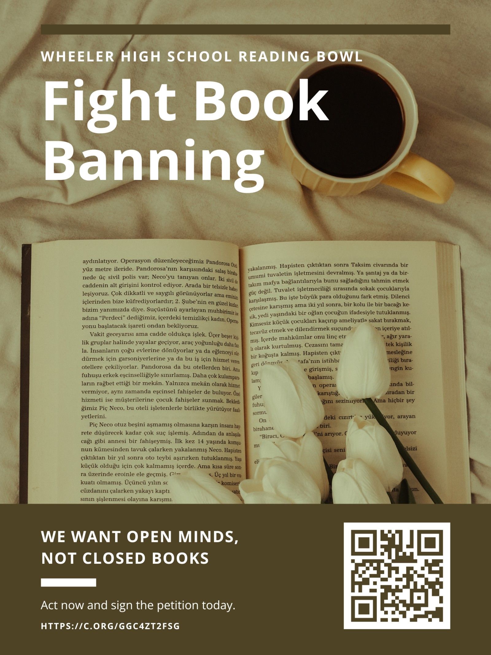 Image of a book with flowers on it. It's a flier from the Wheeler High School Reading Bowl team saying "Fight Book Banning." Under the image it says "We want open minds, not closed books," and asks people to sign their petition: https://www.change.org/p/ensure-transparency-and-change-in-georgia-high-school-hrrb-book-banning-process?recruited_by_id=1a6e97a0-a854-11f0-aa25-fd089d14a993&utm_source=share_petition&utm_campaign=share_petition&utm_term=share_petition&utm_medium=copylink