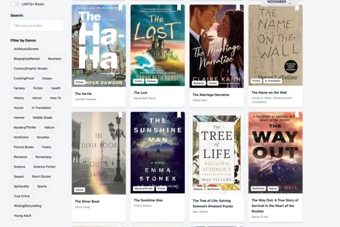 screenshot of New Release Index view of book covers