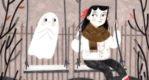 cropped cover of How to Make Friends with a Ghost by Rebecca Green. an monochrome illustration with pops of red of a ghost and a little girl on a swing set