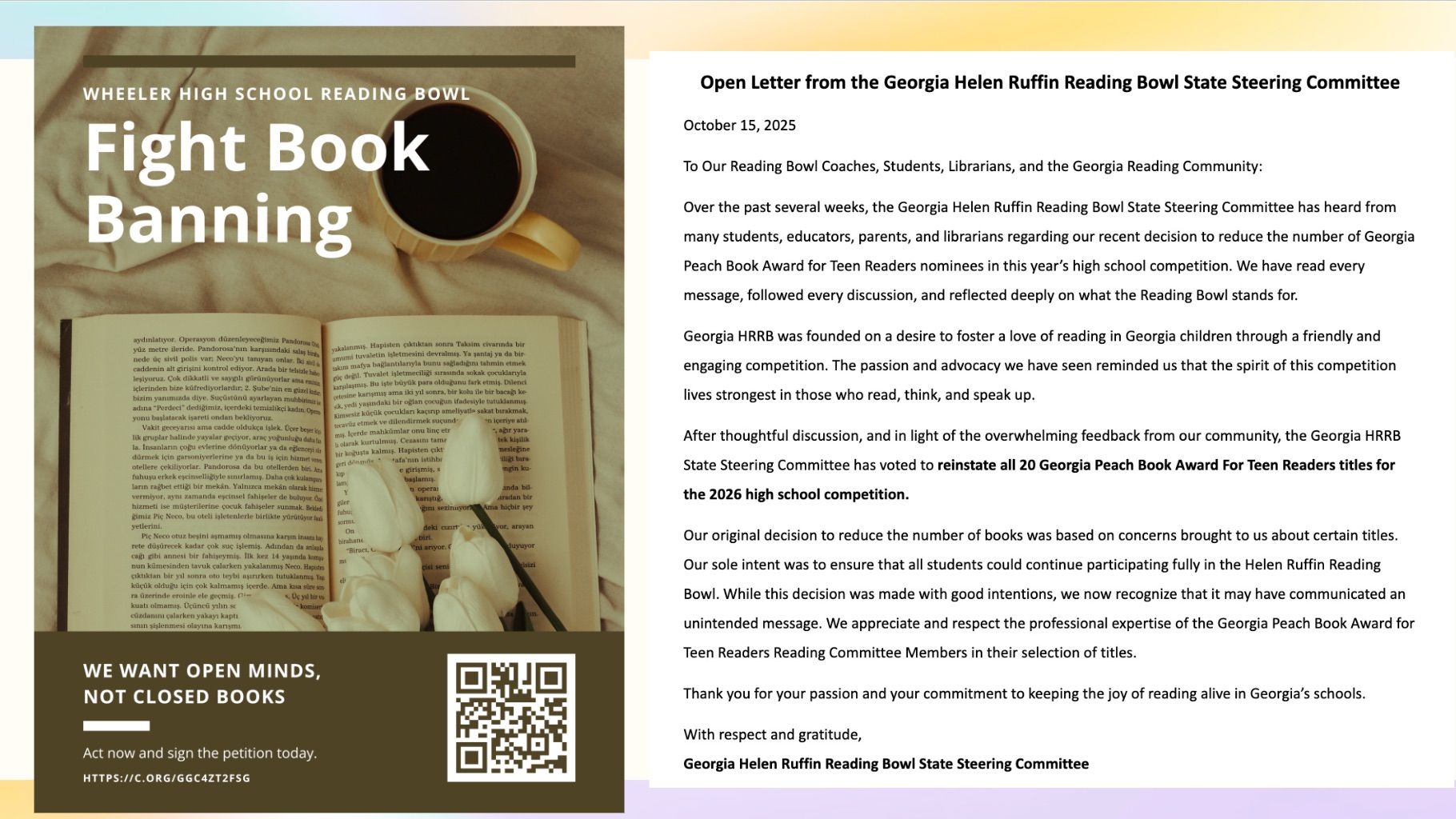 Screen shot of the Wheeler High School Reading Bowl petition. It is next to the letter from the Helen Ruffin Reading Bowl committee overturning their book ban decision.