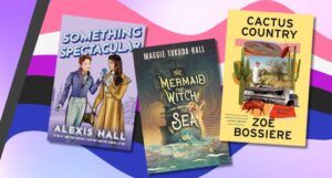 three book covers against a genderfluid flag