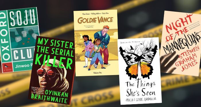 covers of five mysteries and thrillers under 300 pages each