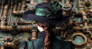 the back of a woman in black and green Victorian dress, including a wide-brimmed hat and high-necked top of satin and lace. In the background there are copper pipes and valves