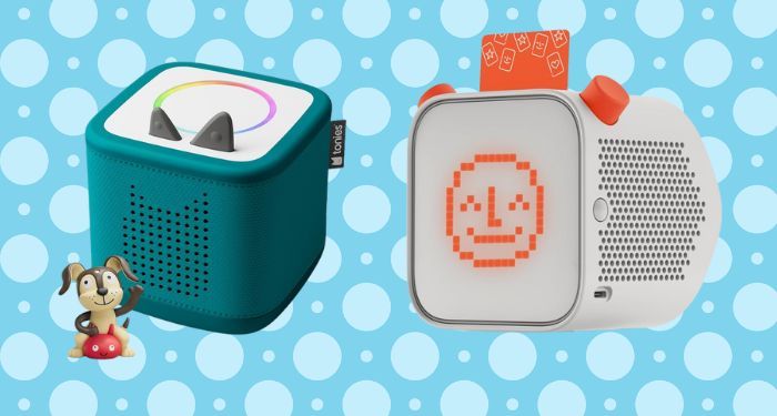 a teal Toniebox 2 and a grey Yoto player with orange accents