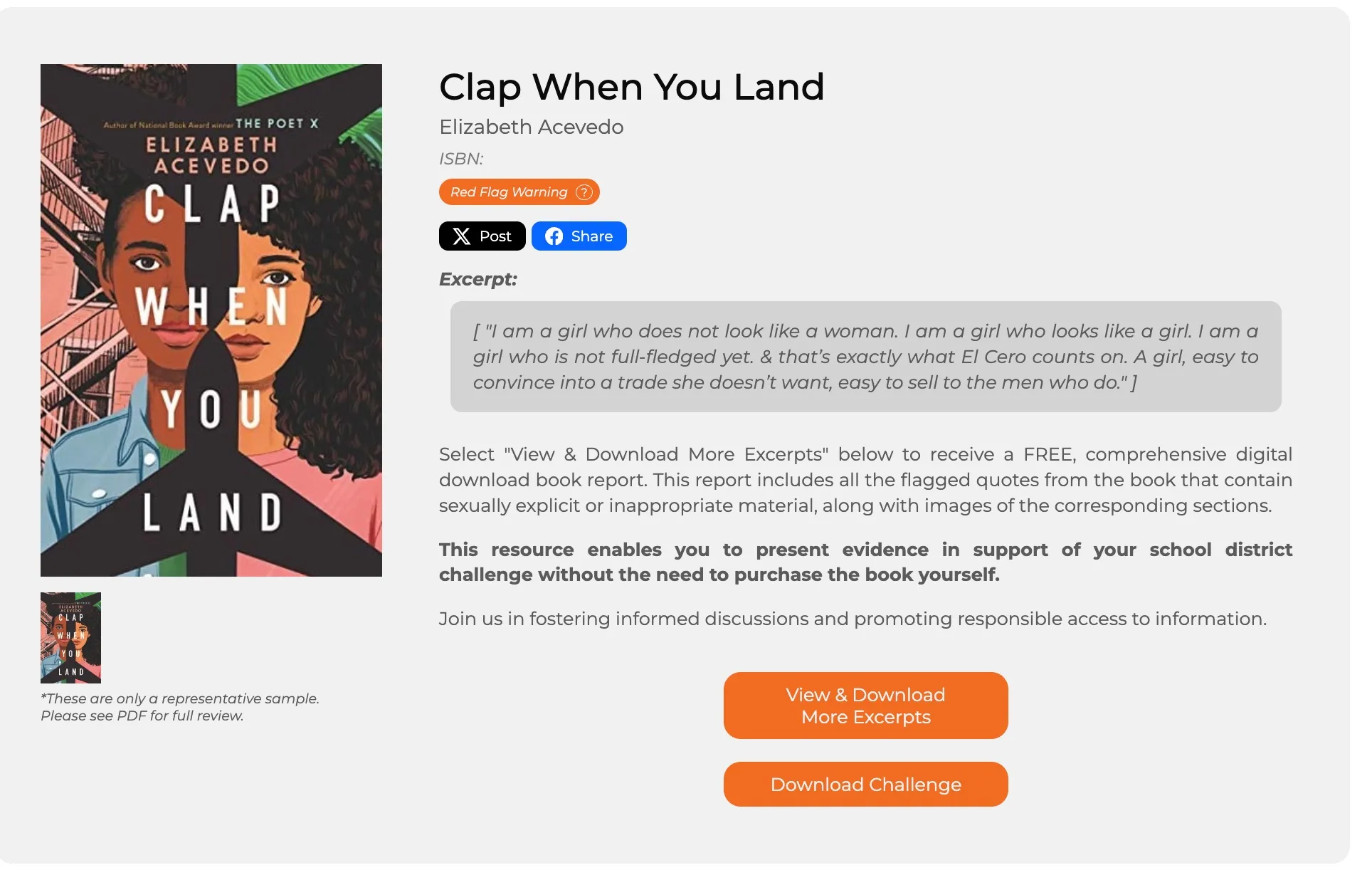 Image of the landing page for why CLAP WHEN YOU LAND by Elizabeth Acevedo is inappropriate.