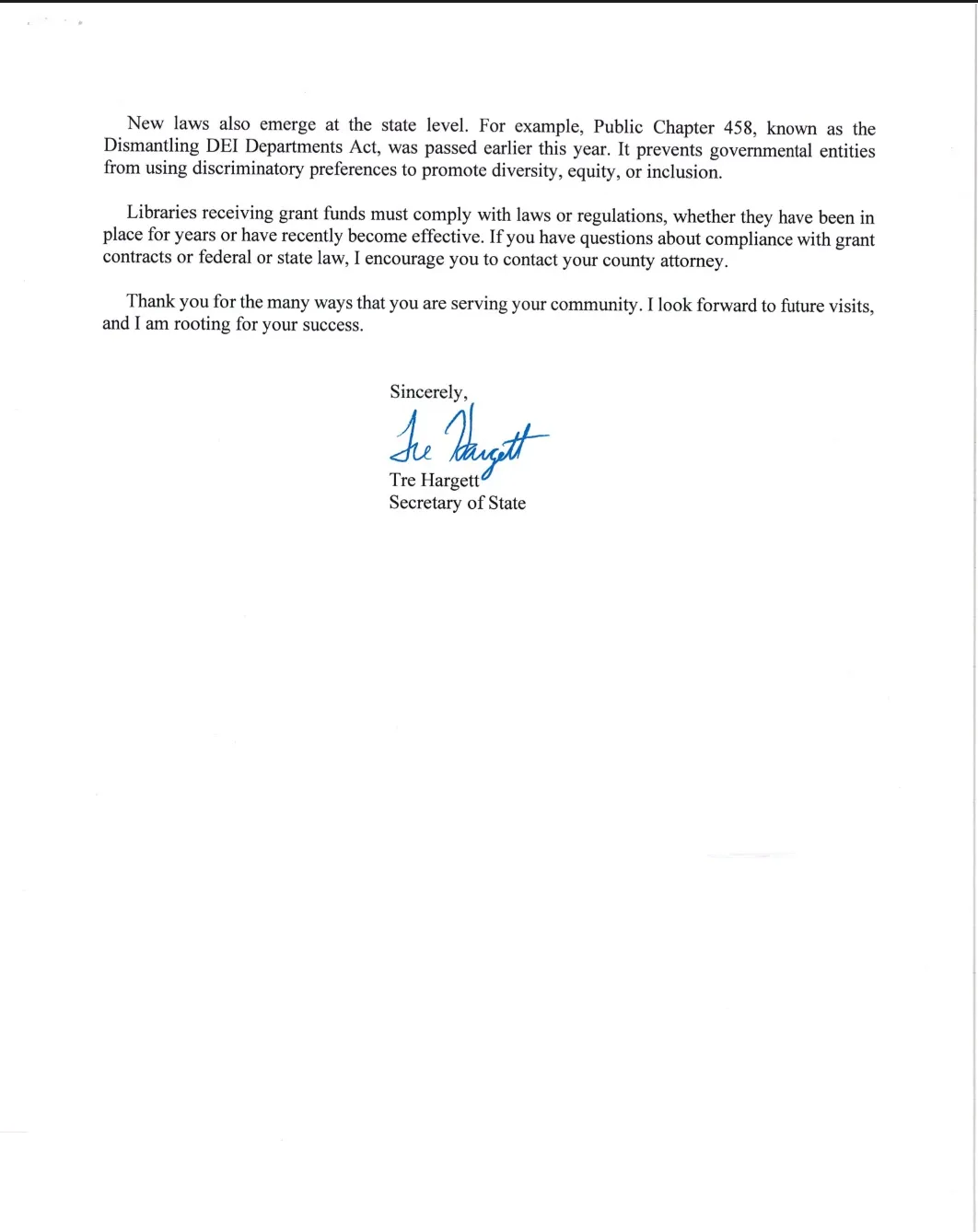 Page two of Letter sent by the TN secretary of state to RCLS.