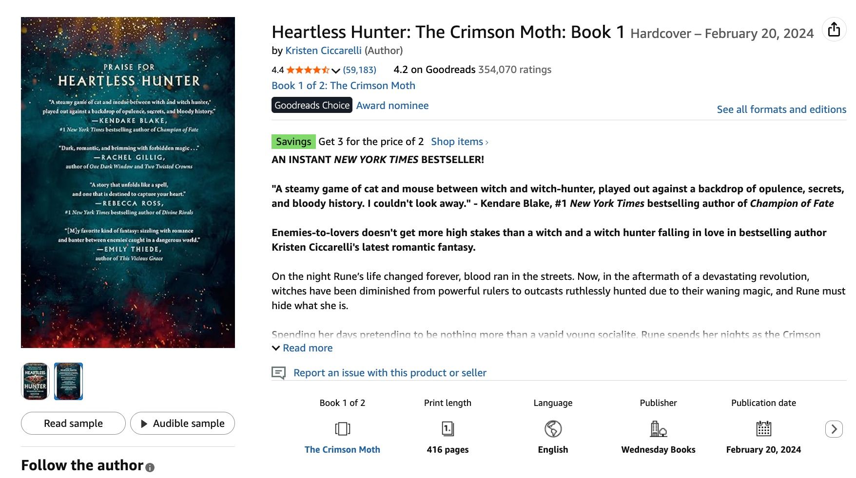 Amazon landing page for Heartless Hunter by Kristen Ciccarelli